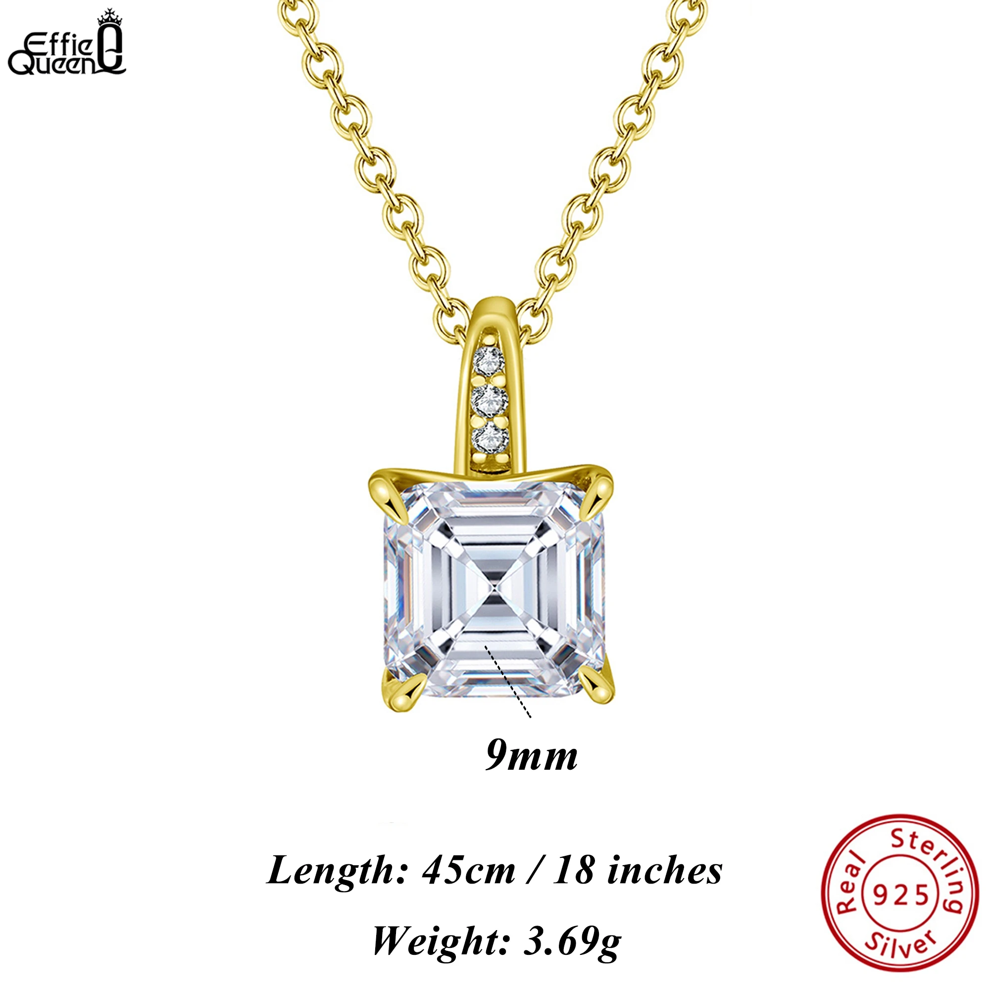

EFFIE QUEEN 925 Sterling Silver Pendant Necklace Cable Chain With 8A Square Zirconia Geometric Style Gift for Casual Wear LZN15