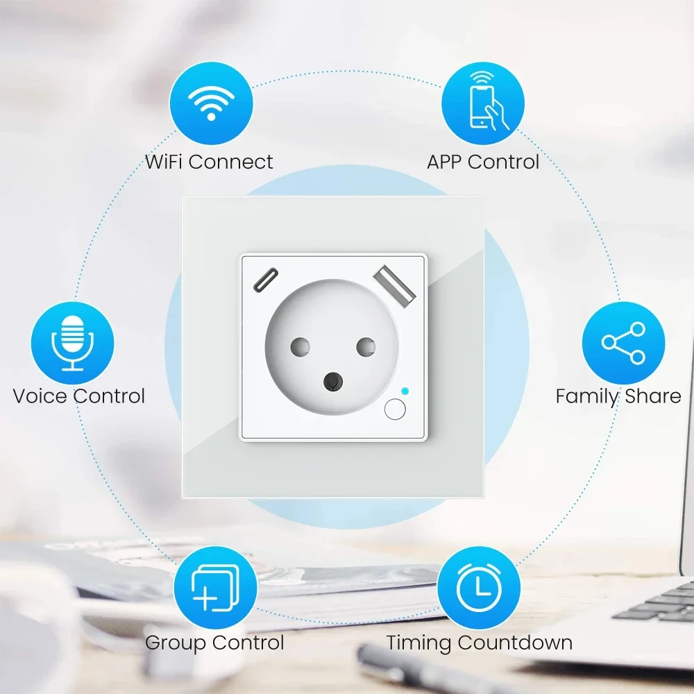 Shawader Tuya WiFi Smart Israel Wall Socket EU Power Plug Outlet USB Type-C PD 20W Charge Port for Iphone Alexa Dot Google Home