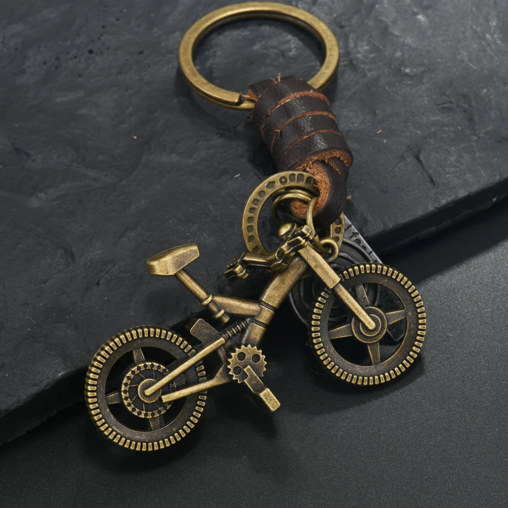European and American popular creative keychains men's and women's gifts alloy bronze smiley face hexagram retro woven cowhide p