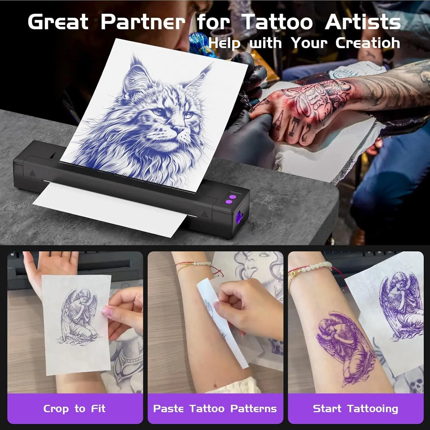 New A4 Tattoo Stencil Printer with 10 Transfer Papers Wireless Bluetooth Thermal Tattoo Printer Compatible with Smartphone&Pad