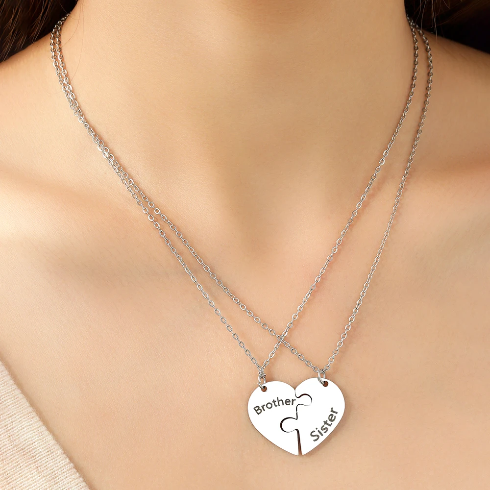 Stainless Steel Necklaces Brother Sister Spliced Heart Pendant Collar Chain Fashion Necklace For Women Jewelry Family Party Gift