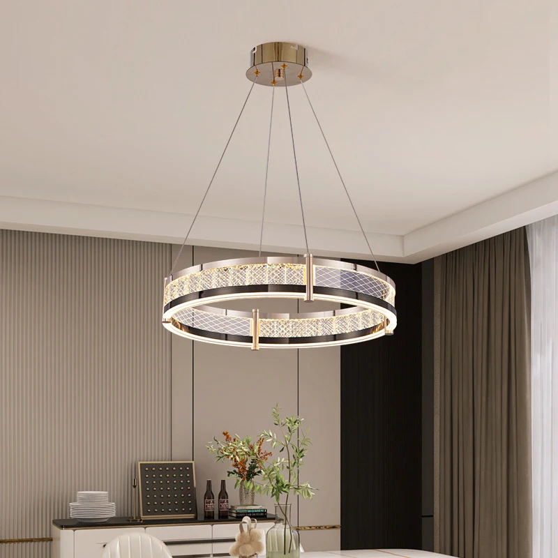 Simple and luxurious gold crystal circular LED pendant light, single circle and double circle living room dining room lobby