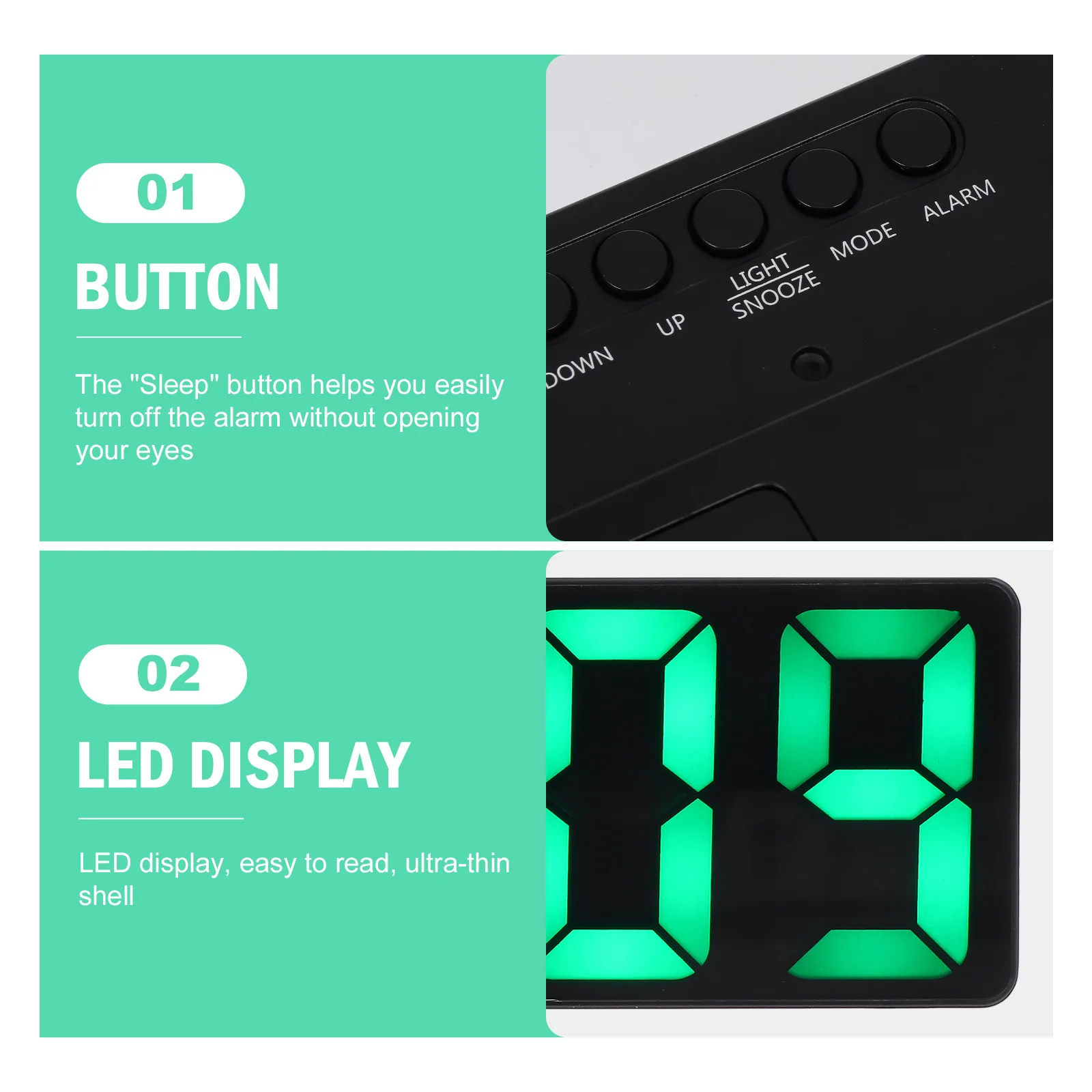 

1 set Rectangular Led Alarm Clock Digital Display Large Numbers Light Modern Mirror Surface Compact Design For