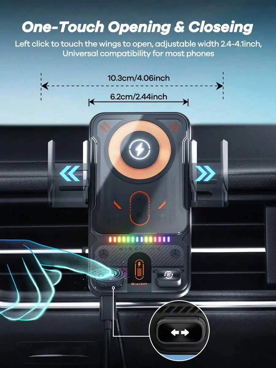 

15W Wireless Fast Charging Car Phone Holder With RGB Light Auto Sensing Open Close Anti-Slip 90° Rotation Type-C For iPhone
