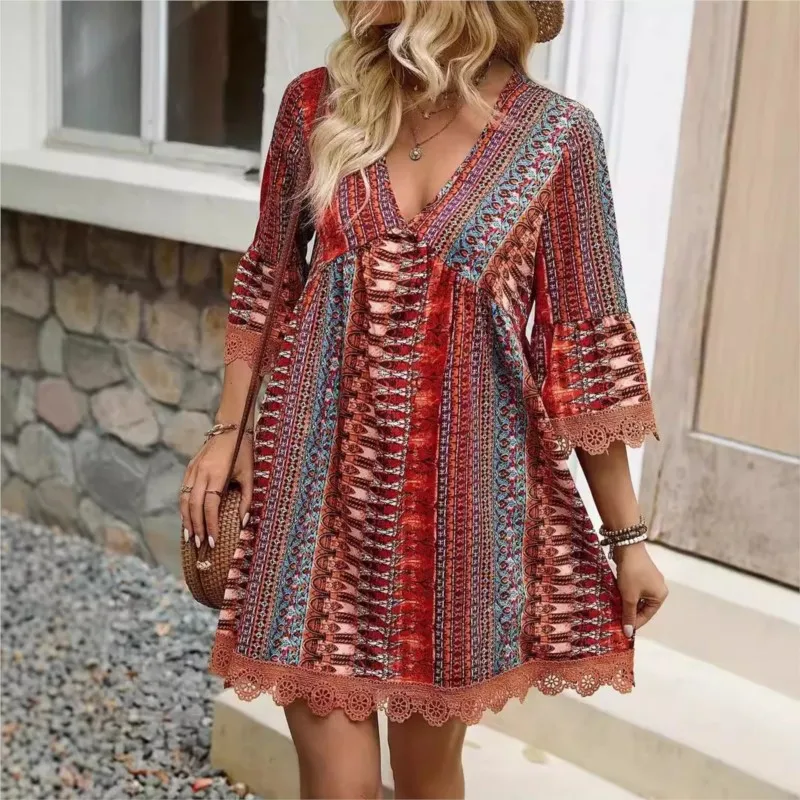 Summer Loose Dress Fashion Bohemian Ethnic Style Printed Colorful Striped Wooden Ear Sleeve Versatile Ruffle Plus Size Skirt