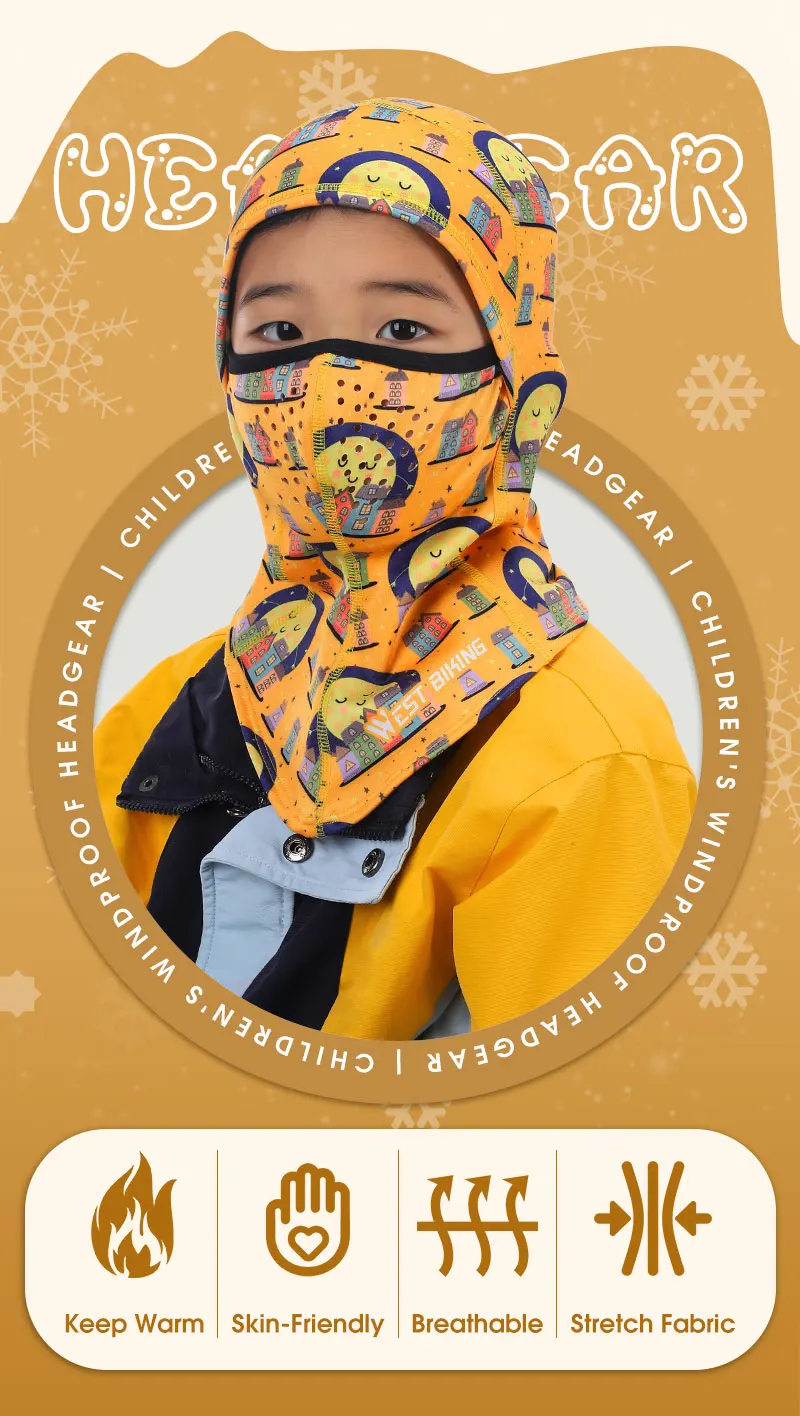 WEST BIKING Jugend-Winter-Sturmhaube, atmungsaktive Outdoor-Sport-Gesichtsmaske, Fleece-Halswärmer zum Radfahren und Skifahren, niedlicher Cartoon-Druck – Detail 1