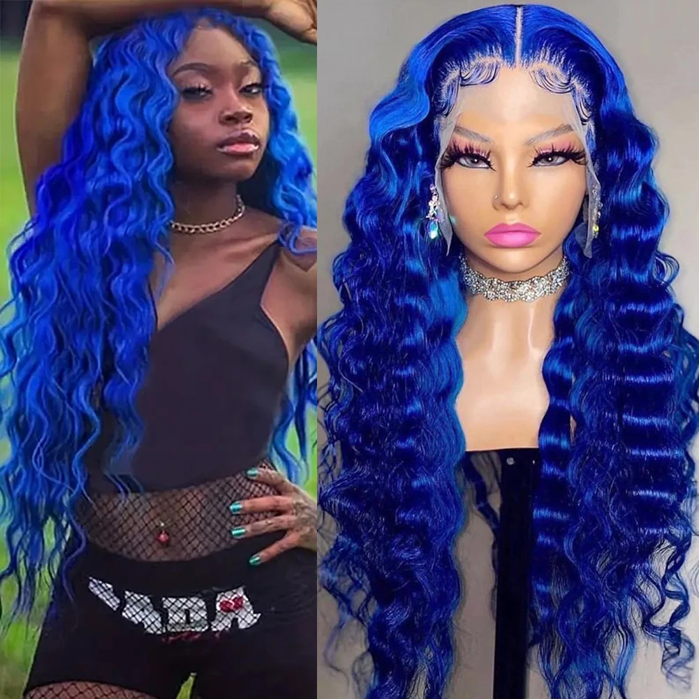 AIMEYA-peruca de cabelo sintético azul para mulheres, onda corporal, resistente ao calor, perucas com renda, linha fina natural, cosplay festa