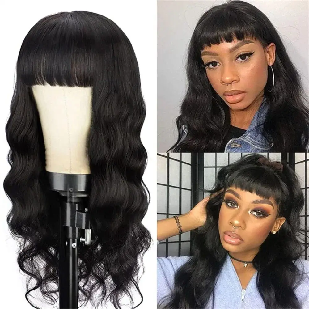 Natural Black Long Body Wave Synthetic Women Wigs with Bangs Daily Cosplay Afro Brazilian Women Hair Wig Heat Resistant