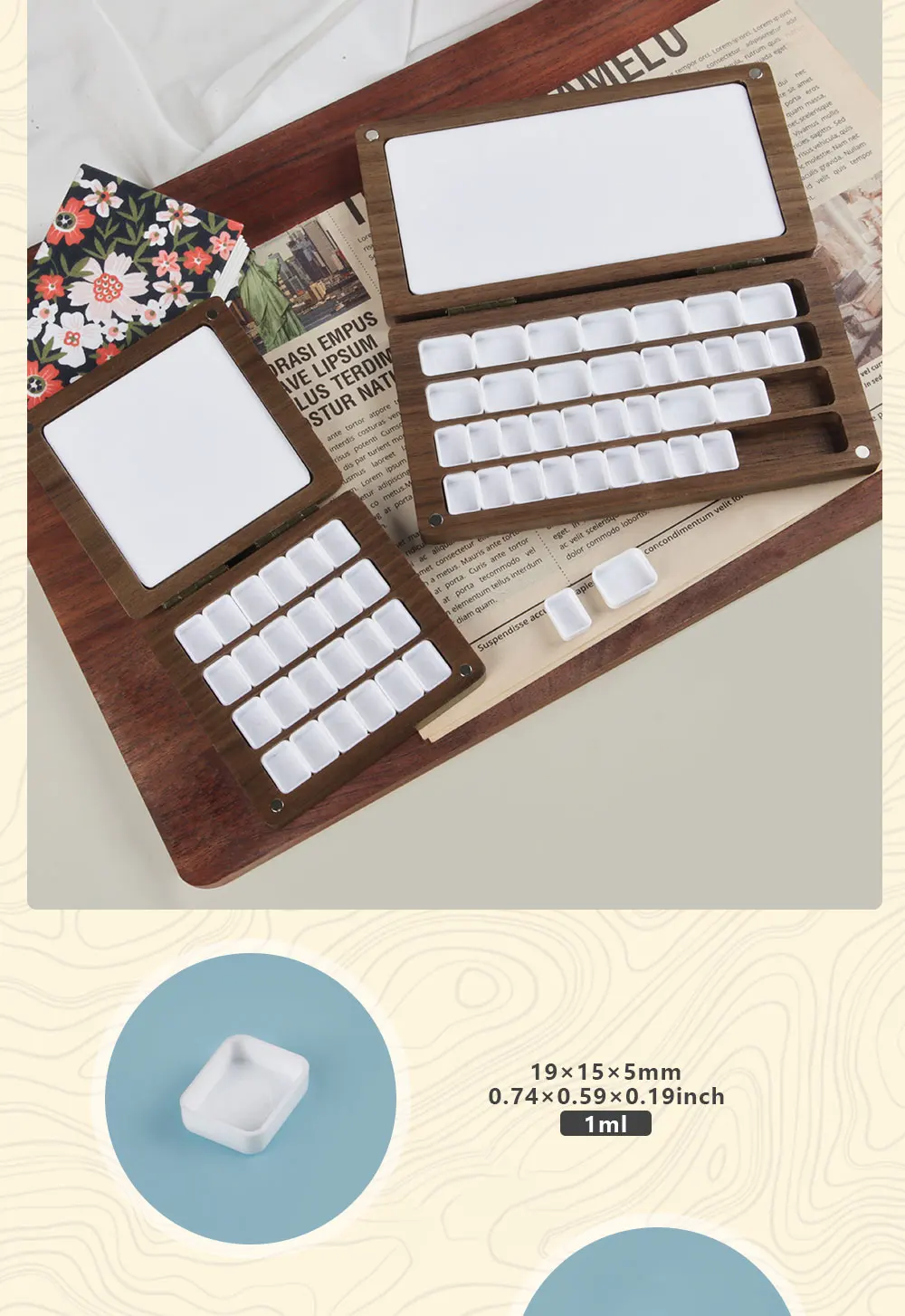 SeamiArt 1 Stück quadratische Malbox aus schwarzem Walnussholz mit Palette, 0,5 ml halbe Pfannen für Aquarell-Unterpaket, Aufbewahrung, Kunstbedarf – Detail 4