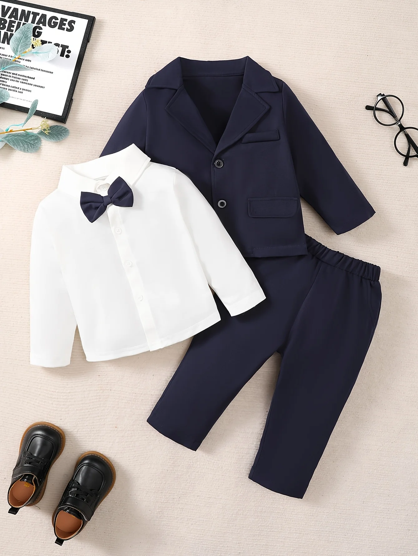 Autumn Suit Set, Boys' Navy Blue Simple Suit, Bow Tie Long-Sleeved Shirt Paired with Solid Color Dress Pants 3-Piece Set