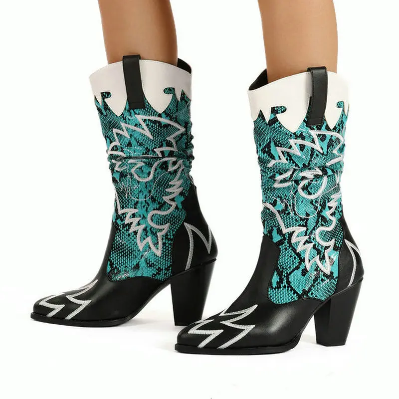 2025 Осенне-зимние женские сапоги до середины икры из искусственной кожи с острым носком и квадратным носком без шнуровки, модные женские короткие сапоги красного, синего, зеленого цвета 2025 Осенне-зимние женские сапоги до середины икры из искусственной кожи с острым носком и квадратным носком без шнуровки, модные женские короткие сапоги красного, синего, зеленого цвета