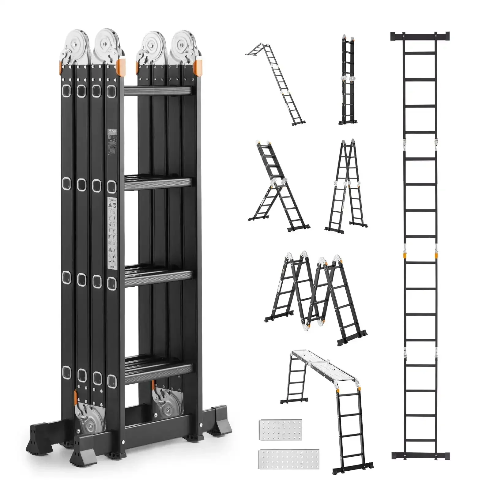 7-in-1 Multi-Purpose Folding Ladder – 4-Step, 15.5 ft Reach Height with Scaffolding Plank