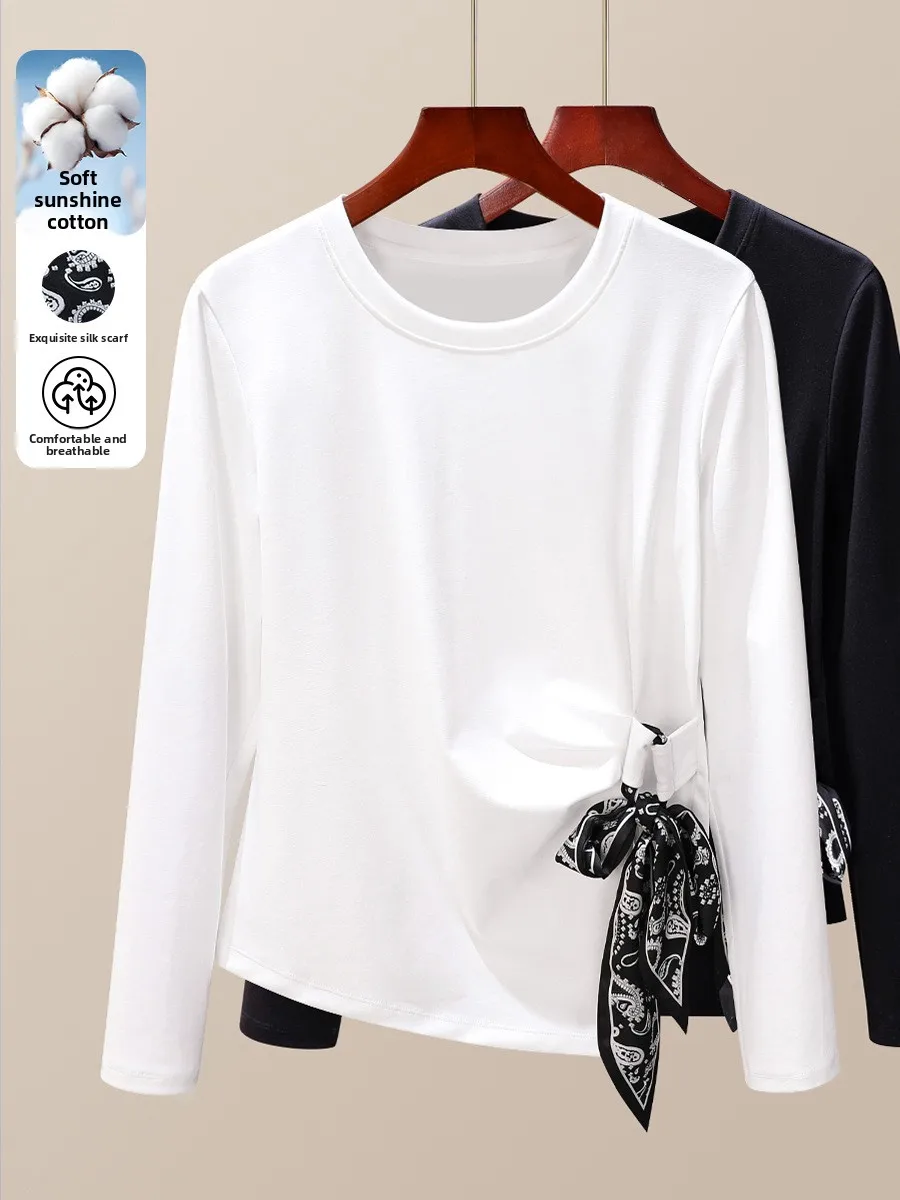 Women's White Long Sleeve T-Shirt 2025 Scarf Detail Top Irregular Hem Premium Feel Must Have Chic Fall Basic Women Clothes