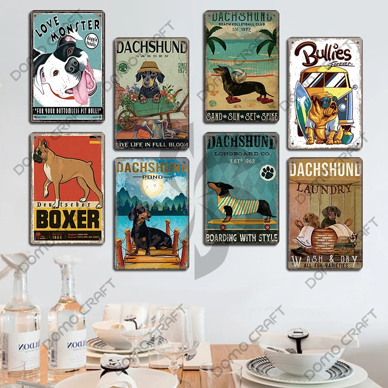 Cute Pet Dogs Poster Metal Tin Signs Vintage Bulldog Dachshund Metal Plaque Wall Art Decor for Coffee Shop Kitchen Garden Home