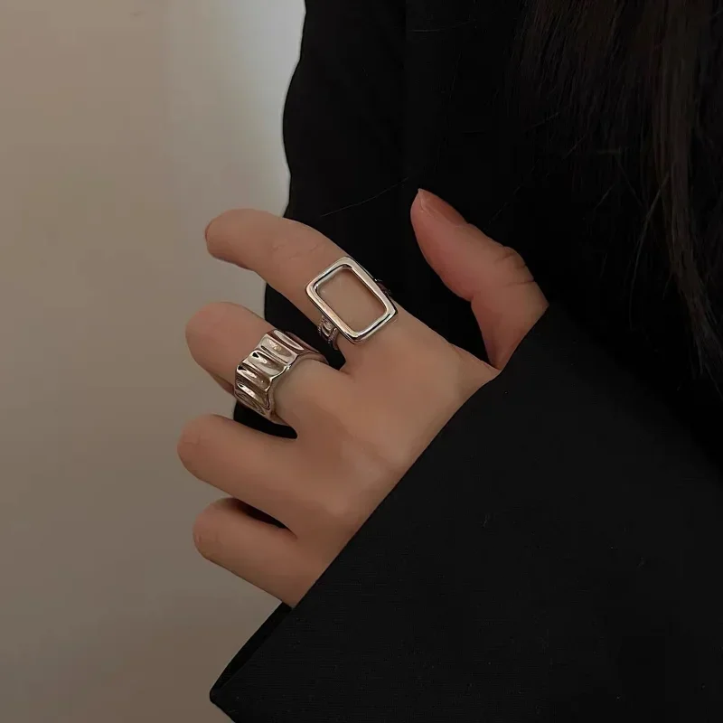 Vintage Silver Color Metal Rings Set Elegant Irregular Adjustable Rings for Women Trendy Geometric Ring Punk Jewelry Party Gift