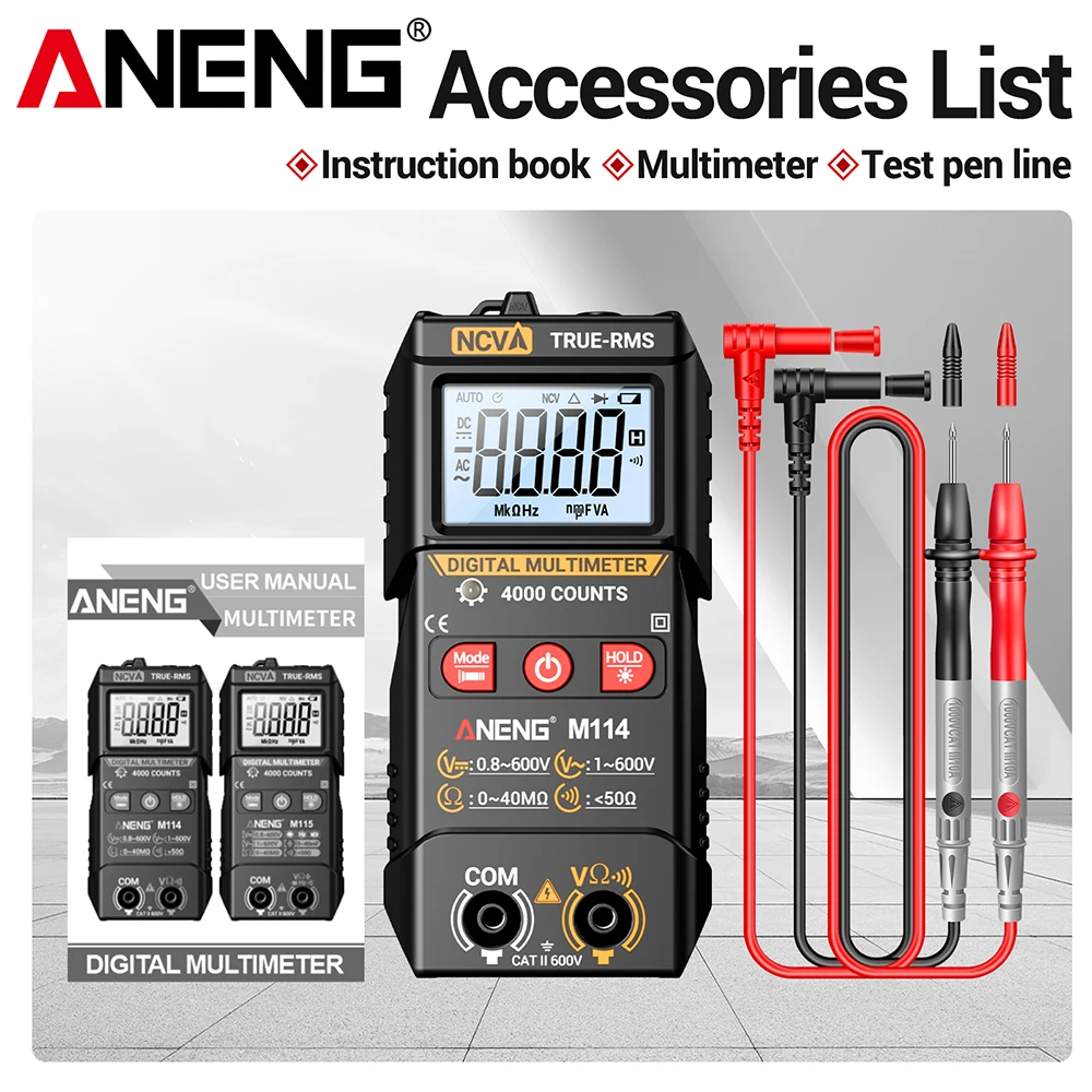 ANENG M114 Digitale Multimeter 4000 Counts NCV Contactloze Spanningsdetectie Auto Range Zaklamp voor Elektriciens Gereedschap
