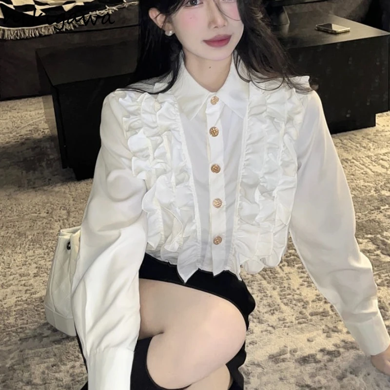 Long Sleeve White Blouse Women 2024 Blusas Mujer De Moda Single Breasted Ruffles Blouses Tops Vintage Korean Chic Summer Shirts