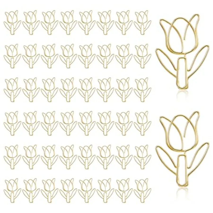 

50pcs Cute Flower Shaped Paper Clips Tulip Shape Floral Papers Gold Papers Clip Funny Cutes Paperclips Bookmarks Stainless Stee