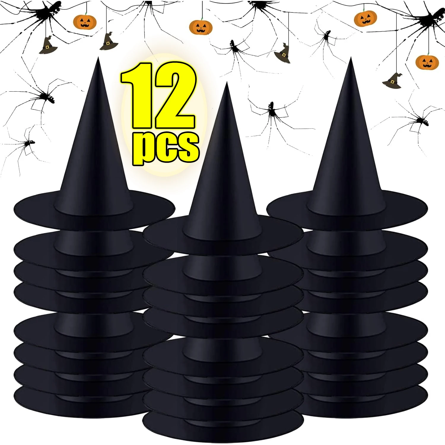 12pcs Halloween Witch Hat Kids Adults Halloween Party Cosplay Costume Props Decoration Black Wizard Cap Yard Hanging Witch Hat