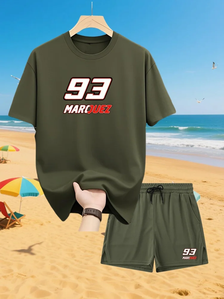 

2025 Marquez 93 Футболка с графическим рисунком - Мужская повседневная футболка с круглым вырезом, короткие рукава, короткие брюки, черный, с красно-белым принтом, повседневный костюм