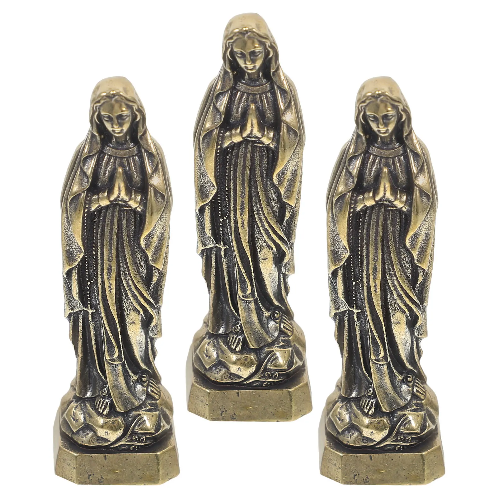 

3pcs Miniature Brass Virgin Mary Small Catholic Statue For Desk Home Altar Spiritual Decor - Brass Ornament Home Office