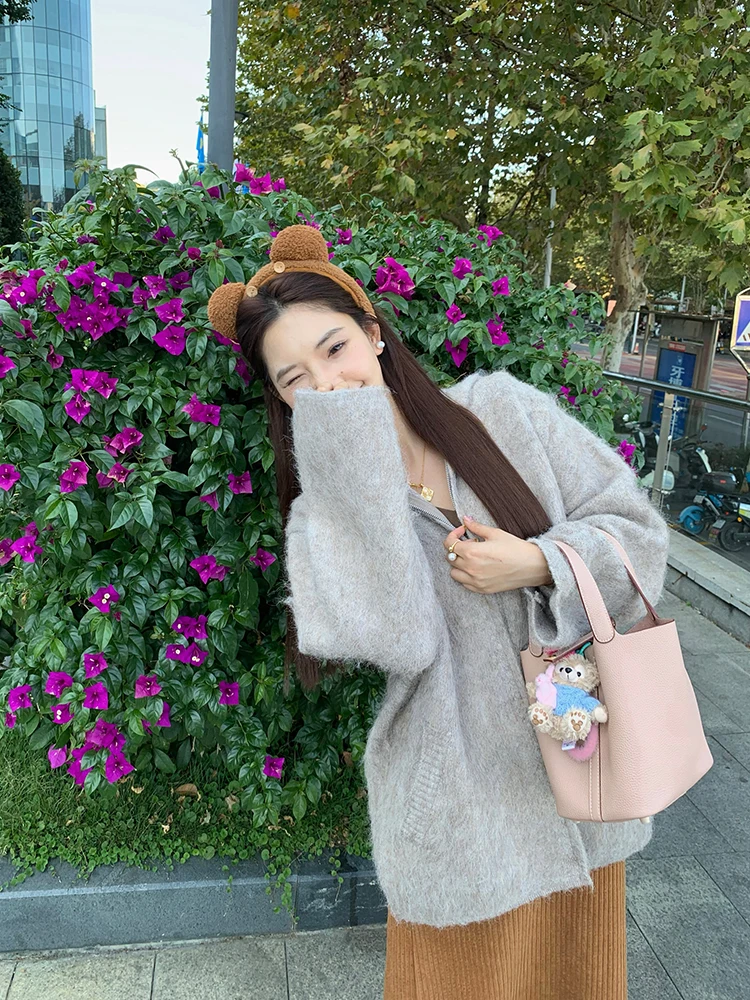 

Женский вязаный жакет Wu Daxiao из мягкой легкой шерсти, осенне-зимний, свободного кроя, с длинными рукавами, для повседневной носки, премиум-класса