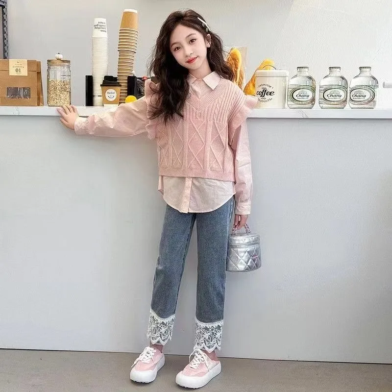 

Top & Pants 3-Piece Set Knitted Vest Shirt Little Girl Denim Three-piece Trendy Outfit Korean Children's Clothing 2025 Two Skirt