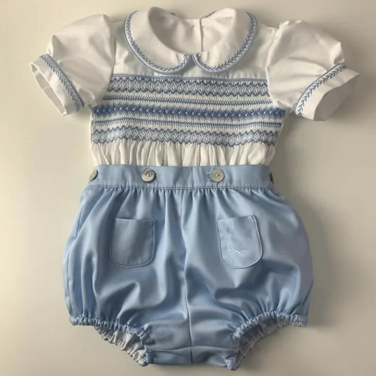 0-6Y Boy Summer Blue Smocked Outfit Suit