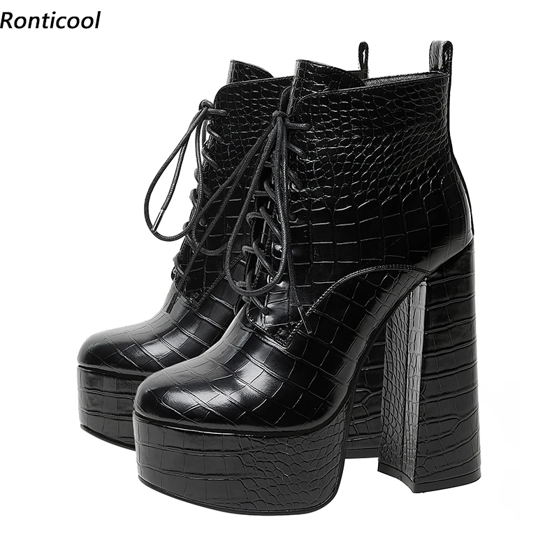 Sukeia Handmade Women Winter Ankle Boots Lace Up Platform Hoof Heels Round Toe White Black Party Shoes Ladies Plus US 5-15