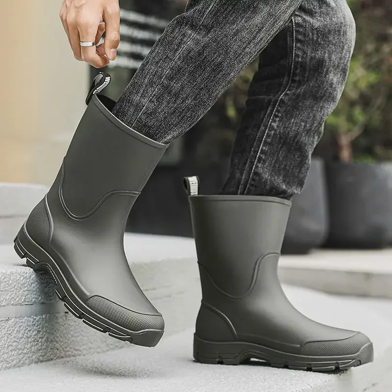 Spring Autumn Rain Boots for Men Mid Calf Gray Plus Big Size Garden Wellies Wide Toes Work Outdoor Pvc Waterproof 2025 Man Shoes