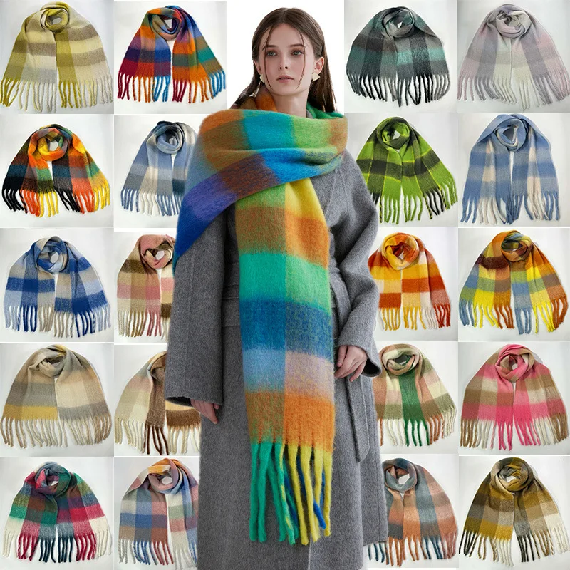 Colorful Scarf For Women 2024 Rainbow Plaid Thickened Warm Scarfs Neck Shawl Fall And Winter Designs