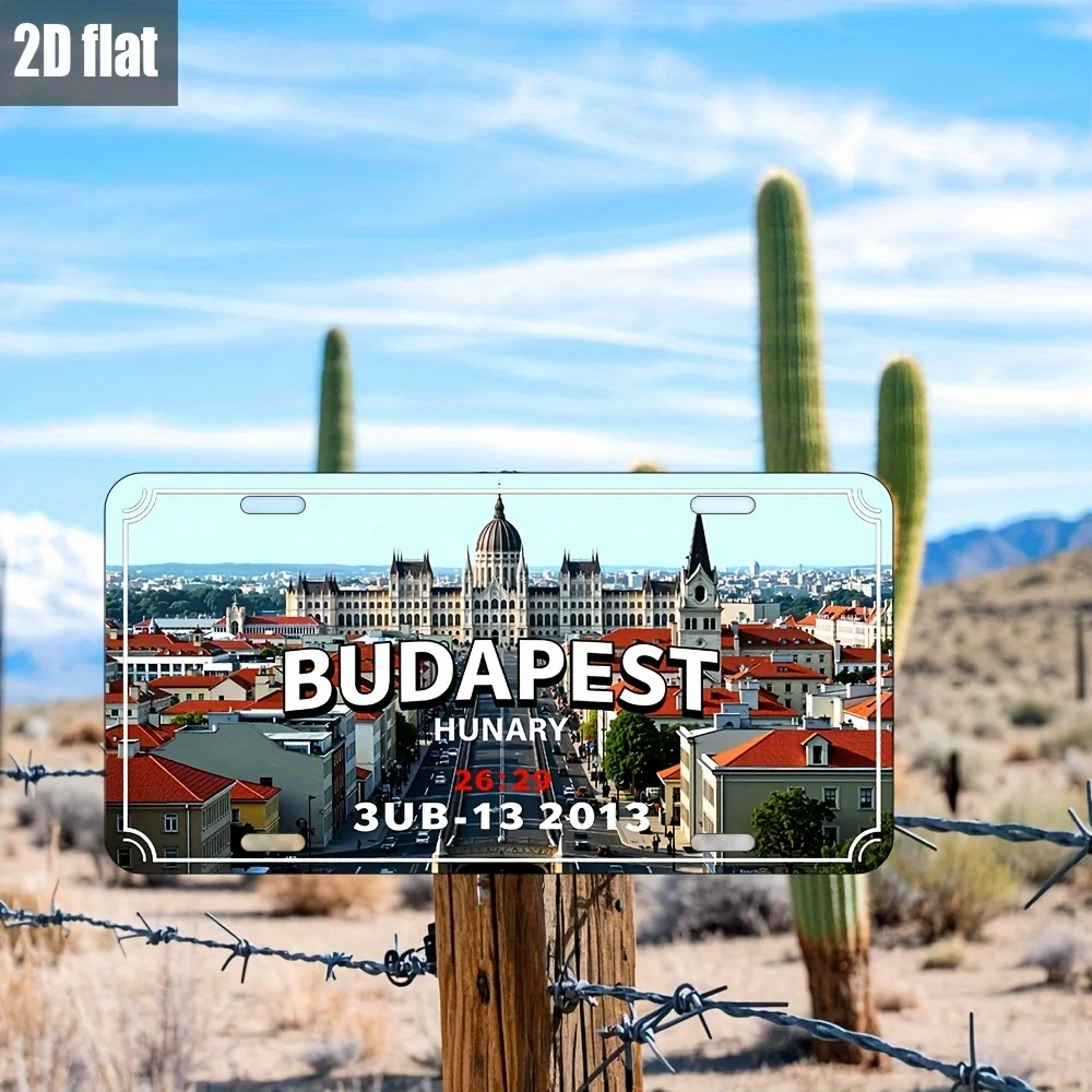 2D Flat Product, 1pc, Aluminum License Plate, for Decorative Use Only, Vintage Aluminum Label Plate- Budapest Cityscape Vintage