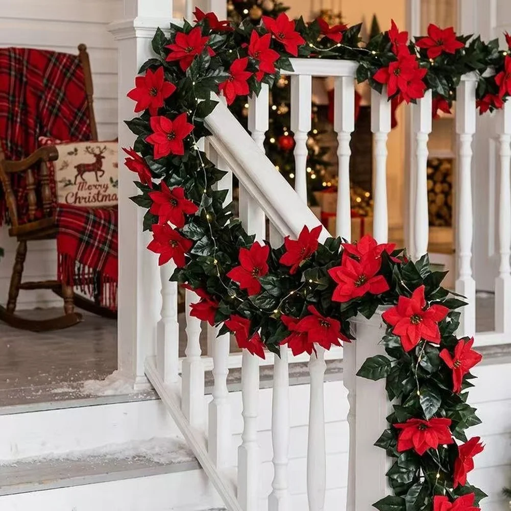 Flexible Artificial Poinsettia Garland 2 Pack 11.5 Ft Total Length for Seasonal Mantel and Banister Decoration
