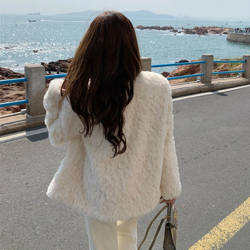 XPQBB Korean Style Lamb Wool Jackets Women 2023 Autumn Winter Thick Warm Faux Fur Coats Ladies White Long Sleeve Plush Outwear