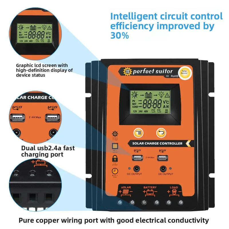 

50A PWM Solar Charge Controller 12V/24V for PV Power System & Street Light, High Efficiency & Energy Saving