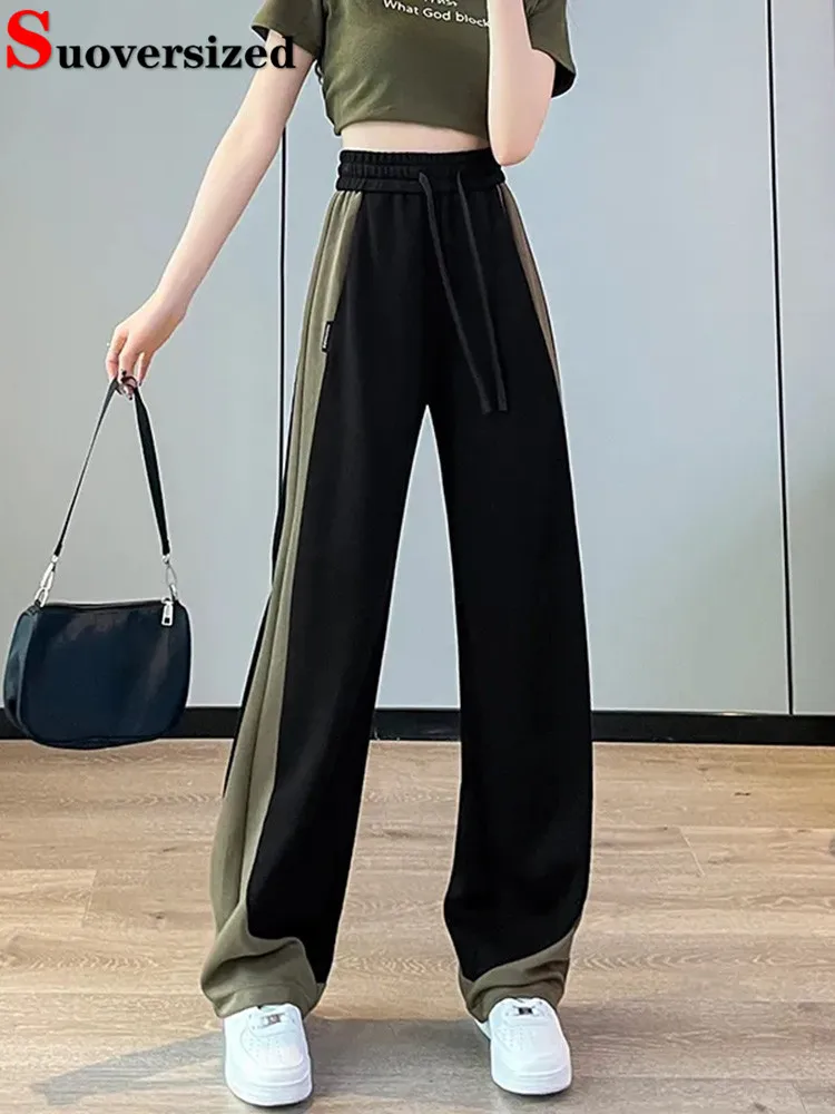 

Lace Up Baggy Patchwork Wide Leg Pants High Waist Women Trend Sweatpants Loose Sporty Casual New Straight Pantalones