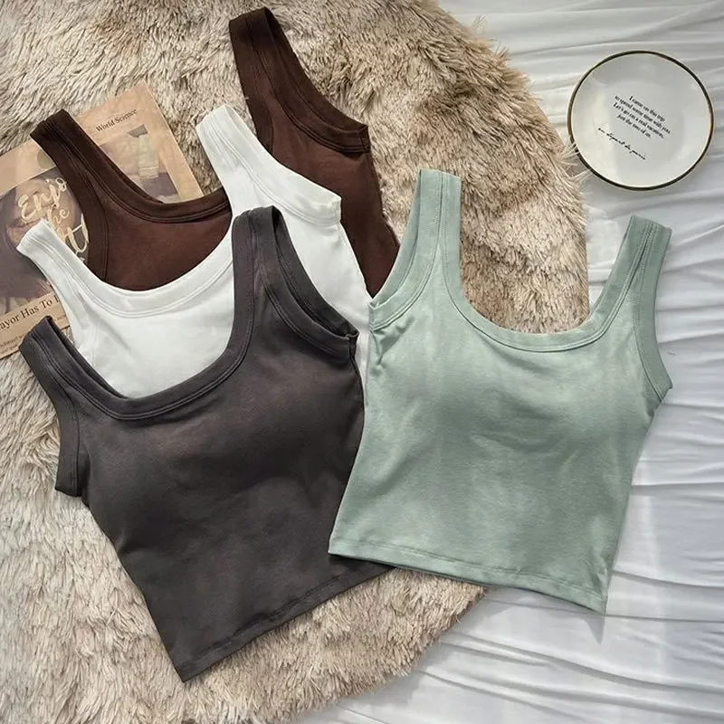 Women Cotton Chest Pad Vest One-Piece No Steel Ring Wide Shoulder Sports Yoga Vest Underwear Black White Bra Tank Top Women