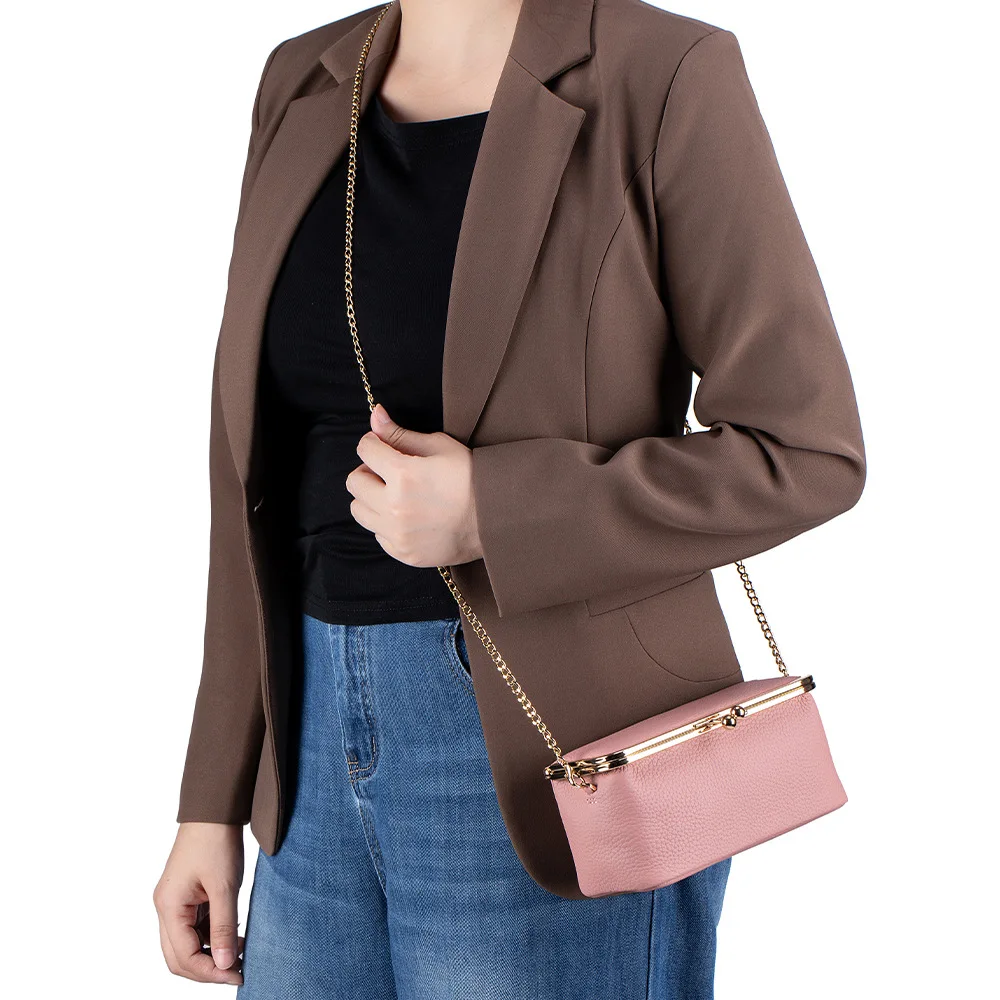 

Ins Style Women's Kiss-Lock Chain Crossbody Bag Genuine Leather/Oil Wax Leather Trendy Luxury Brand Shoulder Bag