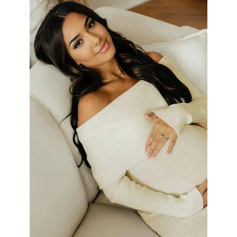 Pregnancy Photoshoot Maternity Photography Dresses Off Shoulder Knit Dress White Slim Fit Pregnancy Studio Photoshoot Outfit view 2