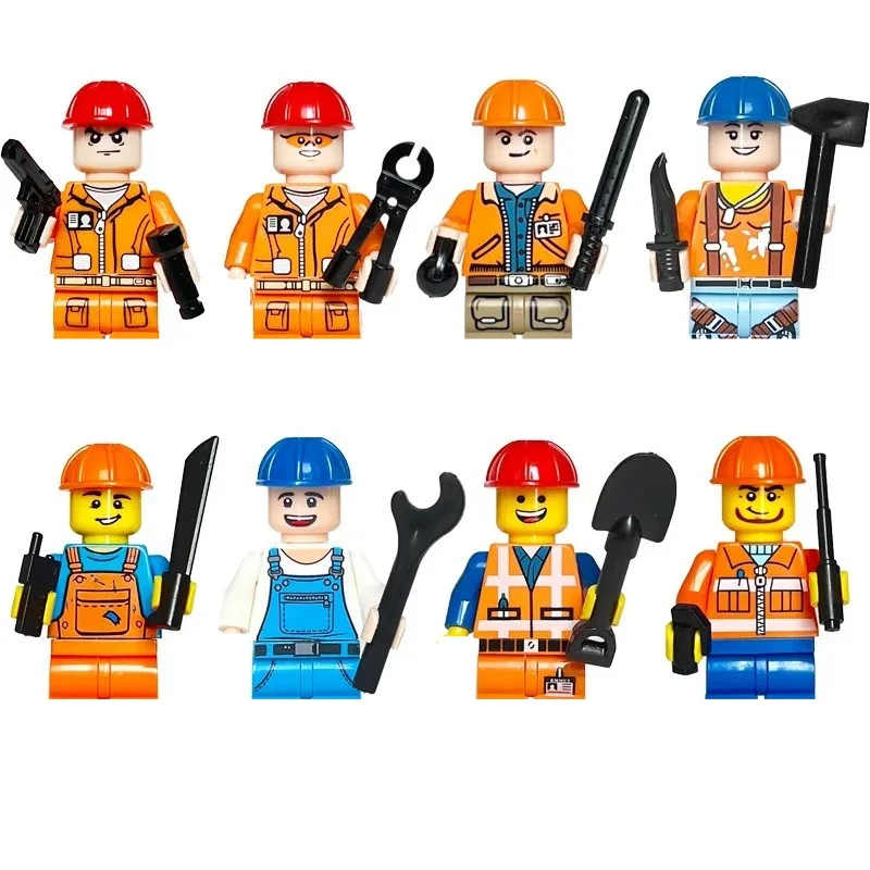 8-piece urban construction worker mini doll building block engineer doll with tools helmet accessories gifts