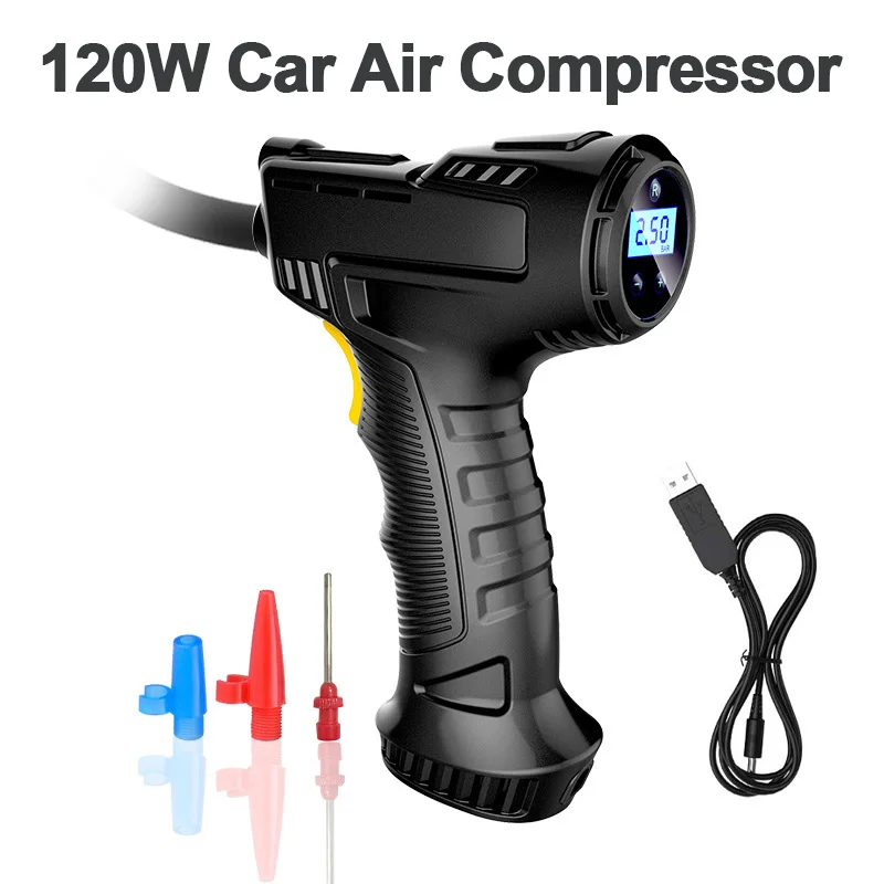 

Car Air Compressor 120W Rechargeable Wireless/Wired Inflatable Pump Portable Air Compressor for Tires Digital Auto Tire Inflator