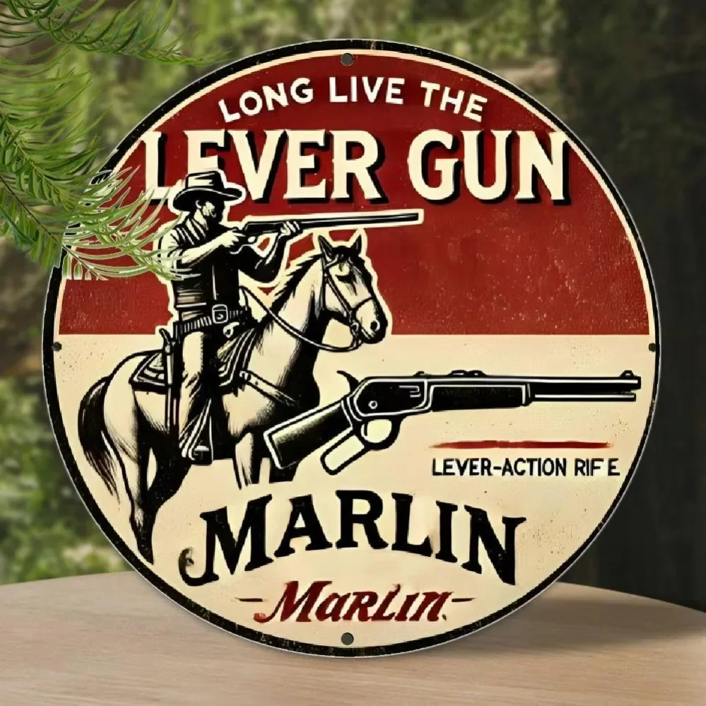 Rótulo Decorativo de Metal Vintage con Diseño de Rifle Marlin de Acción de Palanca, Estilo Retro, Redondo, Oxidado, Temática de Armas de Fuego del Oeste Rústico