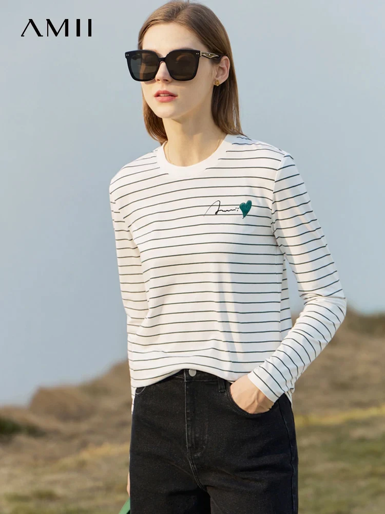 AMII Minimalist T-shirts for Women 2023 Spring Cotton Korean Letter Embroidery Stripe Elegant Casual Pullover Tees Top 12361004