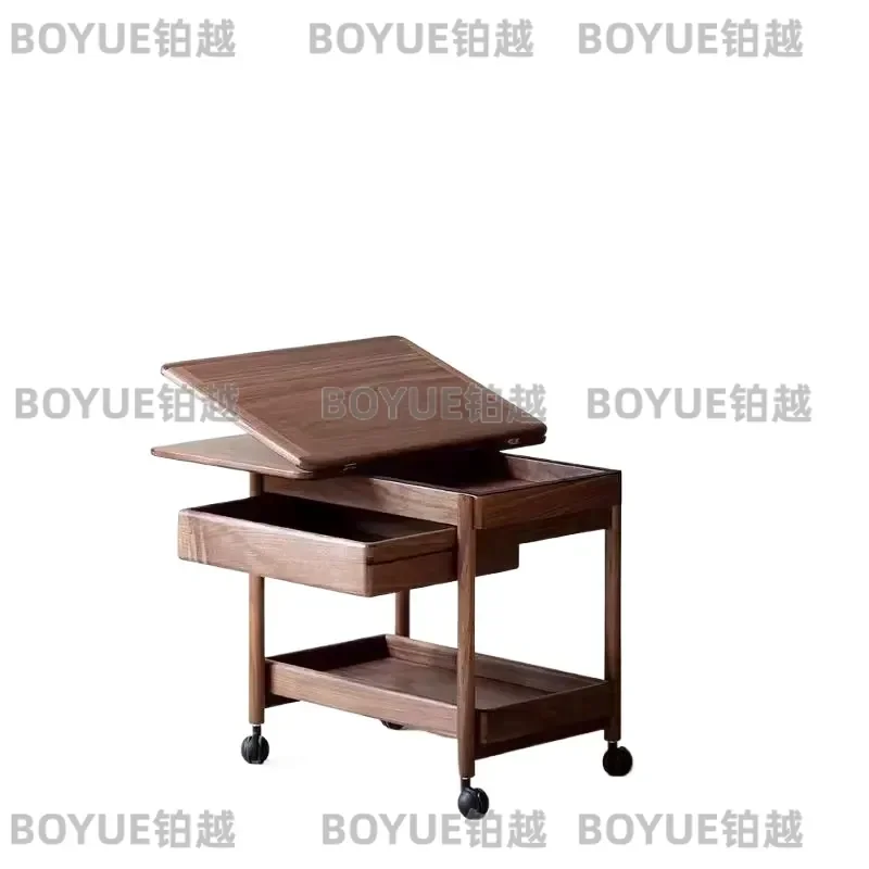 Black Walnut Folding Coffee Table Solid Wood Mobile Side Table for Small Apartment Living Room Compact End Table with Wheels