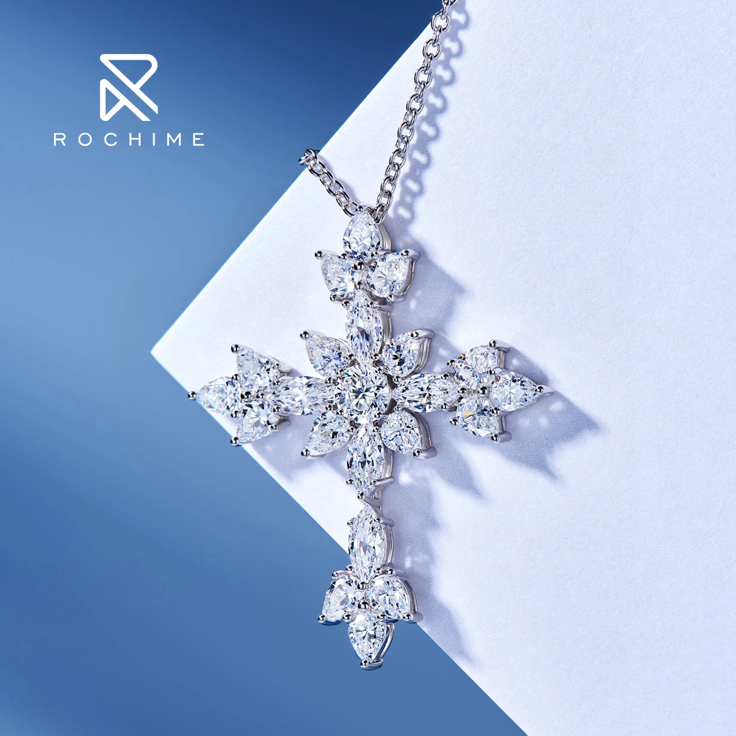 Rochime Luxus Fancy Cut Kreuz Diamant Anhänger Halskette 925 Sterling Silber Benutzerdefinierte Zirkon Edlen Schmuck Für Frauen