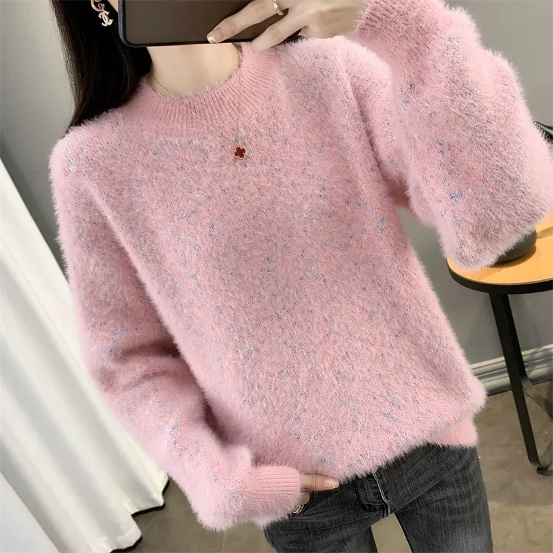 

Fashion 4 Color Half Turtleneck Knitted Sweater Women Short Pullover Mink Cashmere Half High Collar Long Sleeve Knit Tops Female