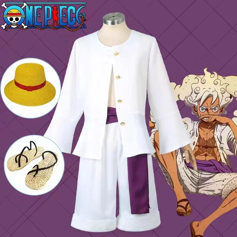 Disfraz de Cosplay de Gear 5 Nika Luffy para adultos y niños, ropa blanca, pantalones superiores, traje de sombrero, disfraces de fiesta de Halloween para hombres