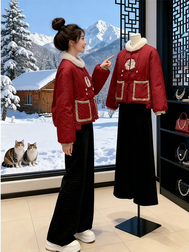 

New 2026 Chinese Sle National Faion down Cotton Jaet Outerwear Wide Leg Pants Set Women's Clete Winter Clothes