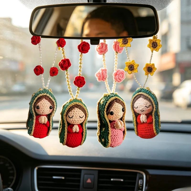 Car Accessories Etsy - 手編みの聖母マリアの車用ペンダント、かわいい人形、バラとヒマワリのビーズ飾り、車内装飾、祝福の装飾、お土産ギフト