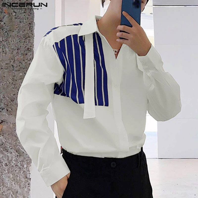 

Handsome Well Fitting Tops INCERUN New Men's Contrast Striped Design Shirts Casual Streetwear Hot Sale Long Sleeved Blouse S-5XL